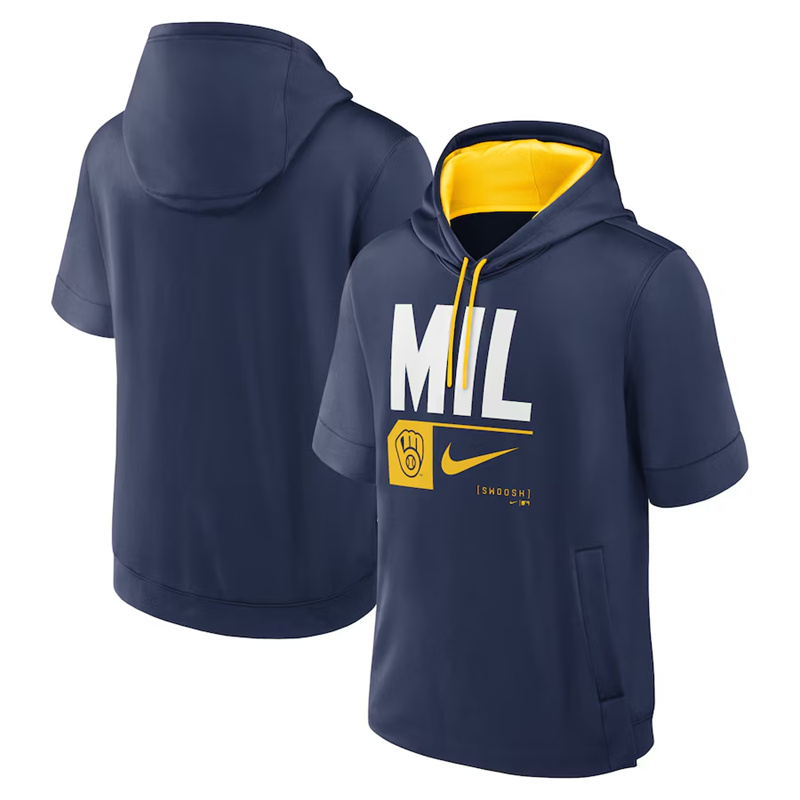 Men's Milwaukee Brewers Navy Tri Code Lockup Short Sleeve Pullover Hoodie